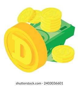 Dogecoin cryptocurrency icon isometric vector. Big dogecoin coin near cash money. Digital money, cryptocurrency concept