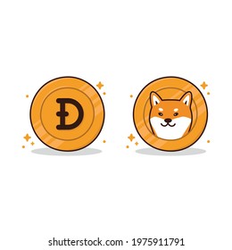 Dogecoin cryptocurrency icon. Set of head and tail coin. Digital currency. Character Shiba inu dog on a coin. Vector image isolated on white background.