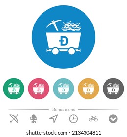 Dogecoin cryptocurrency mining with treasure flat white icons on round color backgrounds. 6 bonus icons included.