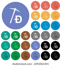 Dogecoin cryptocurrency mining with treasure multi colored flat icons on round backgrounds. Included white, light and dark icon variations for hover and active status effects, and bonus shades.