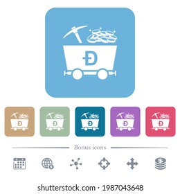 Dogecoin cryptocurrency mining with treasure white flat icons on color rounded square backgrounds. 6 bonus icons included