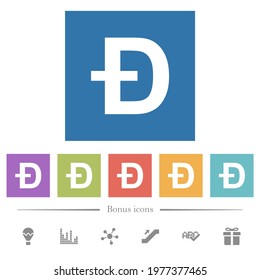 Dogecoin digital cryptocurrency flat white icons in square backgrounds. 6 bonus icons included.