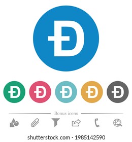 Dogecoin digital cryptocurrency flat white icons on round color backgrounds. 6 bonus icons included.