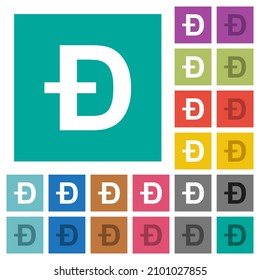 Dogecoin digital cryptocurrency multi colored flat icons on plain square backgrounds. Included white and darker icon variations for hover or active effects.
