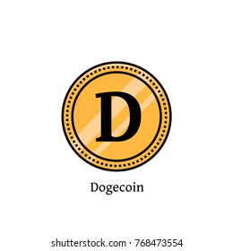 Dogecoin digital and virtual currency flat color line symbol. Thin linear icon of joke cryptocurrency on isolated background. Doge coin sign, symbol, template, concept, image, element, emblem, logo.