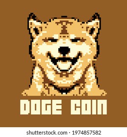 Dogecoin DOGE 8 bit cryptocurrency  Face of the Shiba Inu dog on coin, Symbol digital currency, Vector illustration