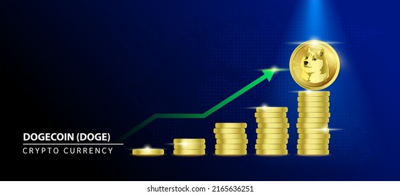 Dogecoin (DOGE) Coin crypto on blue background. Stablecoin blockchain token price increase from pile of gold coins.There is space to enter message. Nice for cryptocurrency and digital money concept.