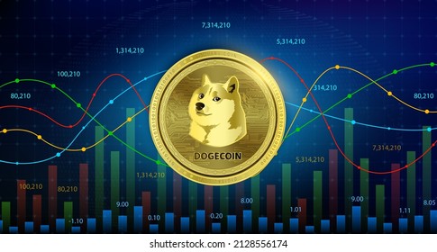 Dogecoin (DOGE) coin cryptocurrency blockchain Future digital currency replacement technology alternative currency, Silver golden stock chart number up down is background 3D Vector illustration.