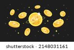Dogecoin (DOGE) coins falling from the sky. DOGE cryptocurrency concept banner background.