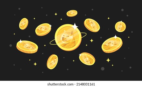 Dogecoin (DOGE) coins falling from the sky. DOGE cryptocurrency concept banner background.