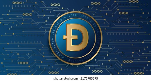 Dogecoin (DOGE) crypto currency metallic coin vector illustration. Blockchain based virtual money concept futuristic banner, background and wallpaper design.