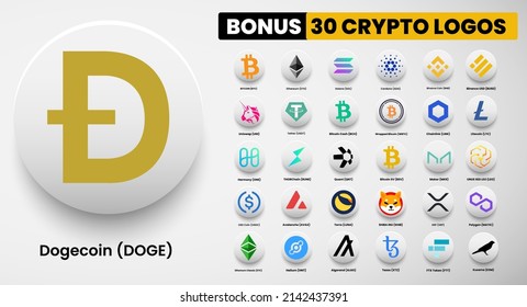 Dogecoin DOGE crypto logo symbols of cryptocurrency. Set of Bitcoin, Ethereum, Solana, Binance Coin, Binance USD, litecoin,avalanche, chainlink, maker, Terra, USD Coin, Shiba Inu and Polygon, 