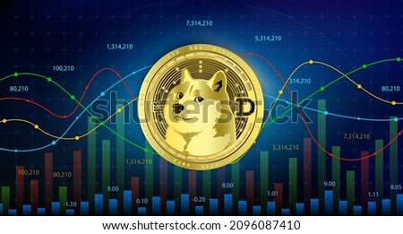 Dogecoin DOGE cryptocurrency blockchain Future digital currency replacement technology. alternative currency, Silver golden stock chart, stock numbers up down in background. 3D Vector illustration 
