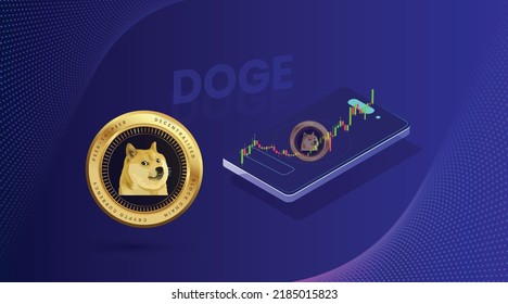 Dogecoin, DOGE cryptocurrency with golden coin and Candlestick trade graph come out from smartphone concept. Vector illustration of crypto currency background.