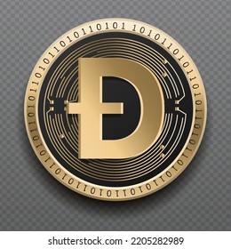Dogecoin (DOGE) cryptocurrency golden coin isolated in transparent background. Virtual currency token symbol vector illustration based on cryptography and block chain technology.