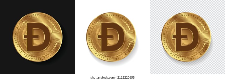Dogecoin DOGE cryptocurrency golden currency symbol coins isolated in dark, white and transparent background. Crypo logo sticker, emblem, badges and label designs.  svg