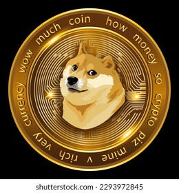  Dogecoin DOGE cryptocurrency golden currency symbol coin isolated on black background.