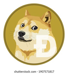 Dogecoin DOGE criptodivisa aislada en fondo blanco, cara del perro Inu Shiba en moneda, moneda digital Symbol, ilustración vectorial