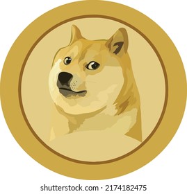 Dogecoin DOGE cryptocurrency isolated on white background, Face of the Shiba Inu dog on coin,  Vector illustration.