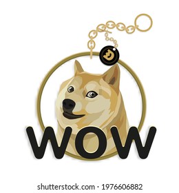 DogeCoin DOGE Cryptocurrency Key Ring with D letter carving on charm hanging on chains on White Background,Vector Key Chains in Circle of Face of Shiba Inu dog on coin,Design Symbol digital Currency