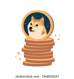 Dogecoin DOGE cryptocurrency on a stack of coins vector illustration isolated on white background. Stock crypto. Face of the Shiba Inu dog in space on coin. Symbol digital currency. svg