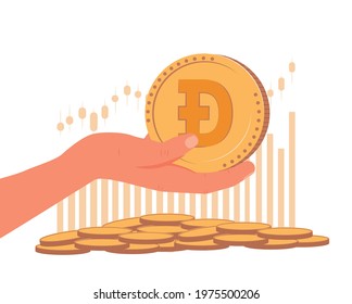 Dogecoin DOGE cryptocurrency with stack of coins vector illustration isolated on white background. Stock crypto. Symbol of digital currency. Cryptocurrency exchange or transaction process abstract.