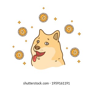 Dogecoin and doge dog meme, a hand drawn vector illustration of a funny Shiba Inu dog meme with its tongue sticking out and dogecoins all around its head, isolated on white background. svg