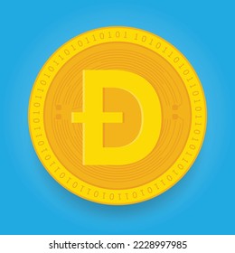 Dogecoin DOGE golden coin isolated on blue background. Cryptocurrency vector illustration eps 10 template.