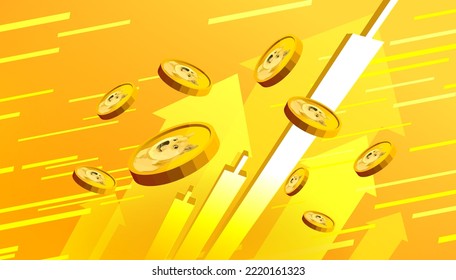 Dogecoin (DOGE) growing up in the air on yellow background. Cryptocurrency investment and financial growth concept. Bullish market.