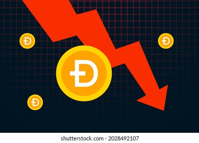 Dogecoin DOGE price falls to all time low. Dogecoin crash graph design. Red arrow shows the price of Dogecoin is going down. Vector illustration template