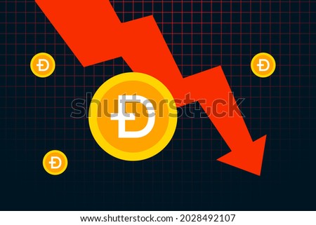 Dogecoin DOGE price falls to all time low. Dogecoin crash graph design. Red arrow shows the price of Dogecoin is going down. Vector illustration template