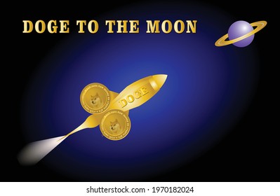 Dogecoin (DOGE) rocket launcher, cryptocurrency concept. doge to the moon. Vector illustration for card, party, design, flyer, poster, decor, banner, web, advertising