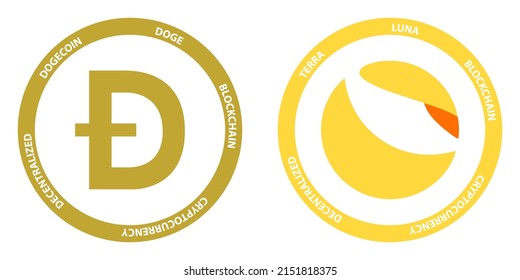 Dogecoin DOGE and Terra LUNA crypto logos. Cryptocurrency symbol set vector illustration template