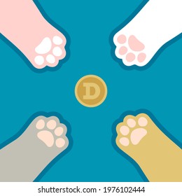 Dogecoin and four cute dog paws