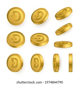 Dogecoin gold coins set isolated on white background. Cryptocurrency concept. Vector illustration.