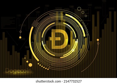 Dogecoin golden coin symbol with lights and wireframe circuit. Modern futuristic logo or icon for crypto coin exchange. Cryptocurrency Blockchain technology, digital innovation or trade exchange.