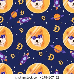 Dogecoin seamless pattern. Cryptocurrency shiba doge in space background with planets, stars. Virtual investment concept. Vector illustration. svg