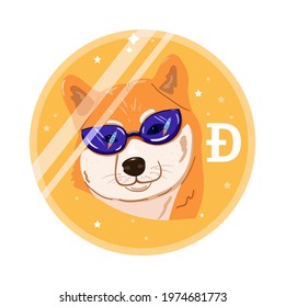 Dogecoin shiba inu to the moon. Dog face on golden coin as a symbol of new digital currency. Tranding cryptocurrency logo. Vector illustration isolated on white. 