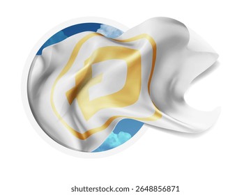 Dogecoin, vetor 3d bandeira contra um céu azul, através de um buraco redondo em um fundo branco