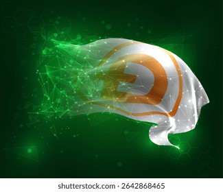 Dogecoin, sinalizador 3d vetorial no plano de fundo verde e números