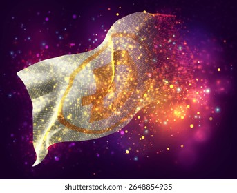 Dogecoin, vector 3d flag with a splash of paint dots, explosion of colored dots
