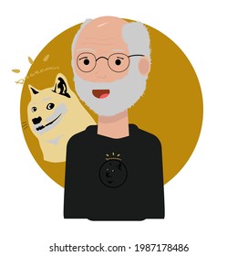 Dogecoin vector cartoon illustration dog and old man. Advertising company crypto doge cartoon icon. Flat coin symbol. Vector illustration. Cryptocurrency, blockchain.