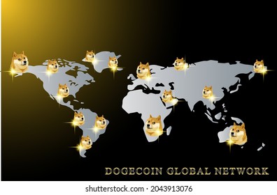Dogecoin world map illustration, doge coin to the moon global network. vector eps 10