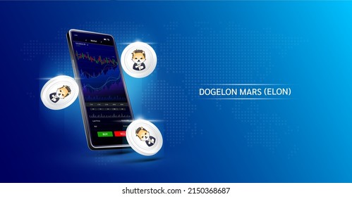 Dogelon Mars coin and Phone. App for trading crypto currency on the touch screen smartphone. Data analytics stock market. Trends and financial strategy. Mobile banking cryptocurrency. Vector 3d.  svg