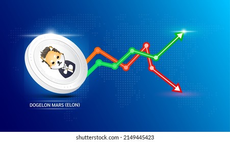 Dogelon Mars coin white. Cryptocurrency token symbol with stock market investment trading graph green and red. Coin icon on dark  background. Economic trends business concept. 3D Vector illustration. svg