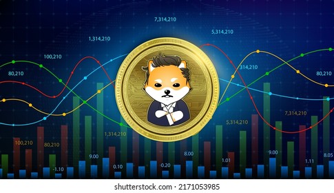 Dogelon Mars (ELON) coin Cryptocurrency blockchain. Future digital currency replacement technology alternative currency, Silver golden stock chart number up down is background. 3D Vector illustration. svg