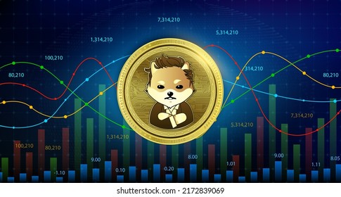 Dogelon Mars (ELON) coin Cryptocurrency blockchain. 3D Vector illustration. Future digital currency replacement technology alternative currency, Silver golden stock chart number up down is background  svg