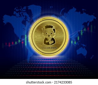 Dogelon Mars (ELON) coin. Cryptocurrency blockchain (crypto currency) Future digital replacement technology. Silver golden virtual currency growth share chart is background. 3D Vector illustration. svg