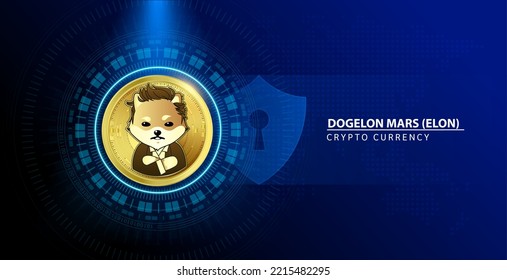 Dogelon Mars (ELON) coin gold. Cryptocurrency blockchain. Future digital (crypto currency) currency replacement technology concept. On blue background. 3D Vector illustration. svg