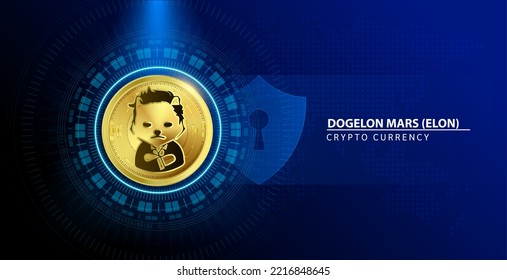 Dogelon Mars (ELON) coin gold  (crypto currency). Cryptocurrency blockchain. Future digital currency replacement technology concept. On blue background. 3D Vector illustration. svg